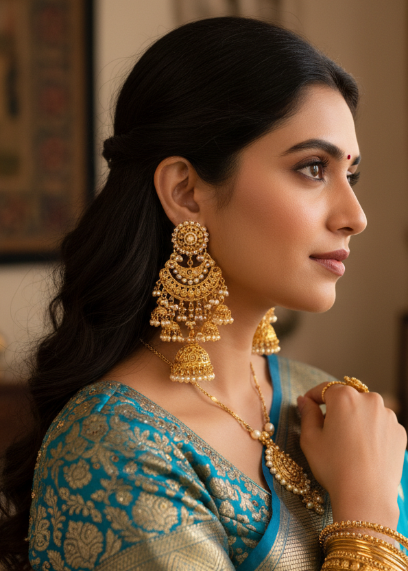 indian style earring warig by a women in sare